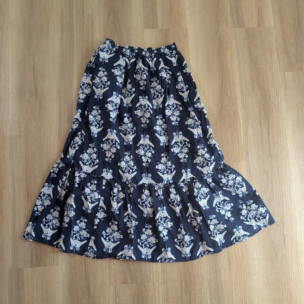 J.Crew | Cotton Floral Maxi Skirt Navy Blue Tiered Boho | Women's XXS